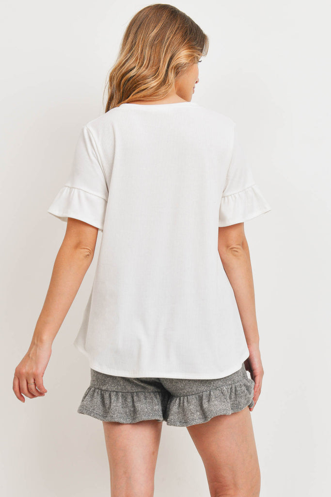 Rib Detail Top And Hacci Brushed Shorts Set With Self Tie