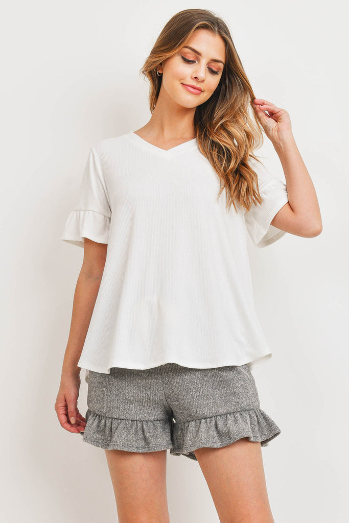 Rib Detail Top And Hacci Brushed Shorts Set With Self Tie