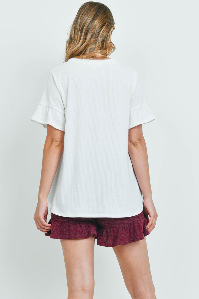 Rib Detail Top And Hacci Brushed Shorts Set With Self Tie