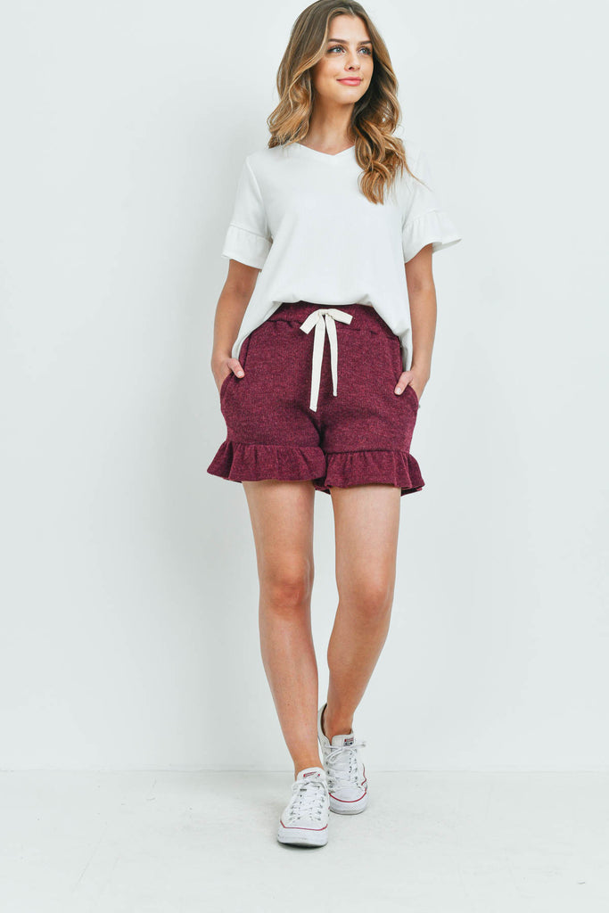 Rib Detail Top And Hacci Brushed Shorts Set With Self Tie