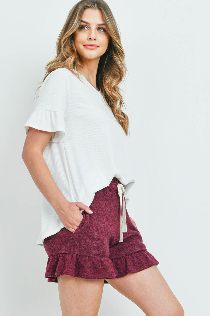 Rib Detail Top And Hacci Brushed Shorts Set With Self Tie