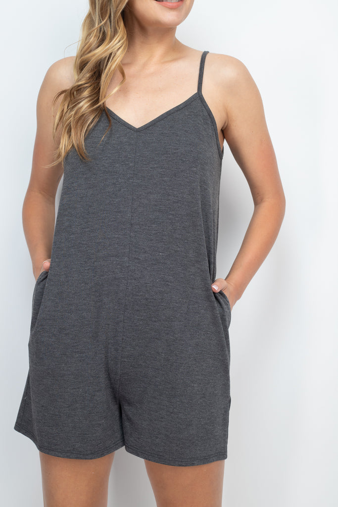 Solid Cami Strap Romper with Side Pockets