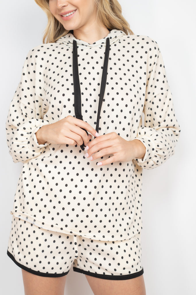 Polka Dot Long Sleeve Hoodie with Self Tie And Shorts Set