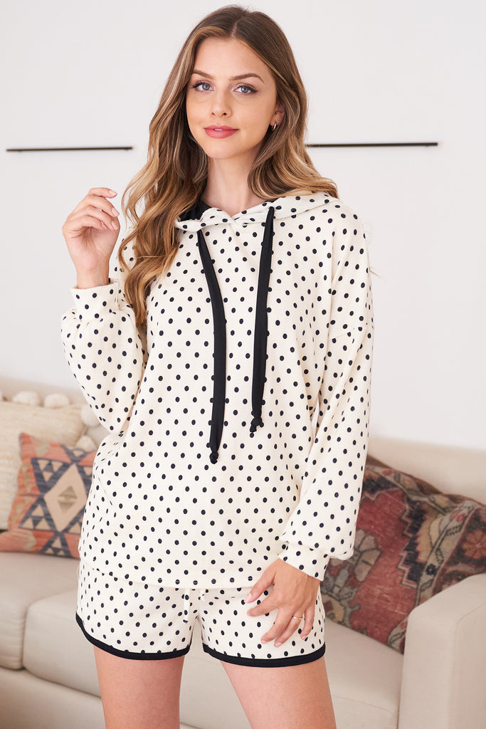 Polka Dot Long Sleeve Hoodie with Self Tie And Shorts Set