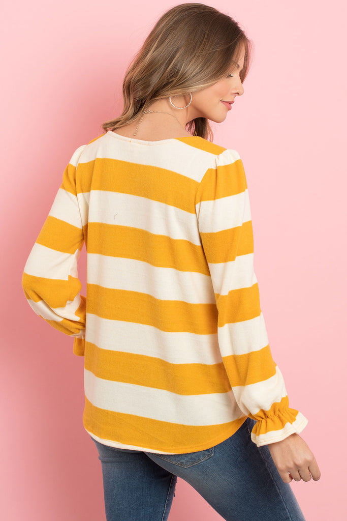 Stripes Ruffle Sleeved Round Hem Hacci Top