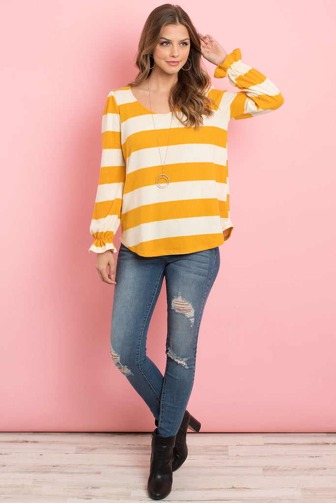 Stripes Ruffle Sleeved Round Hem Hacci Top