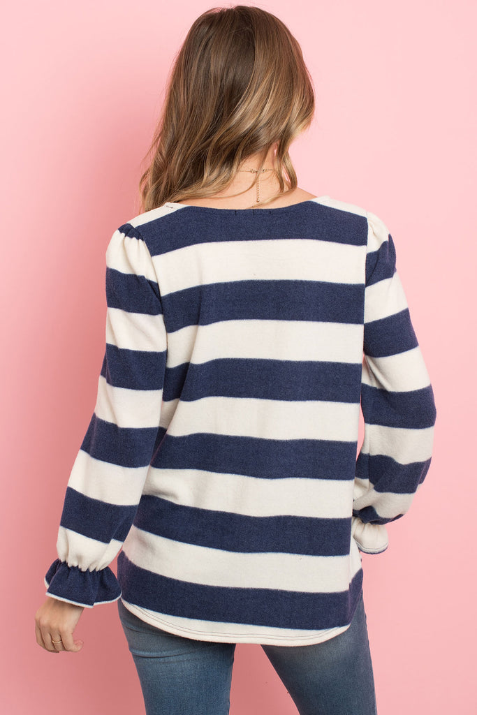 Stripes Ruffle Sleeved Round Hem Hacci Top