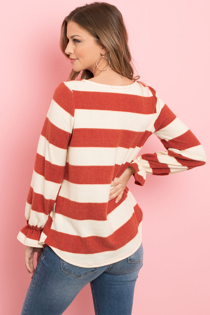 Stripes Ruffle Sleeved Round Hem Hacci Top