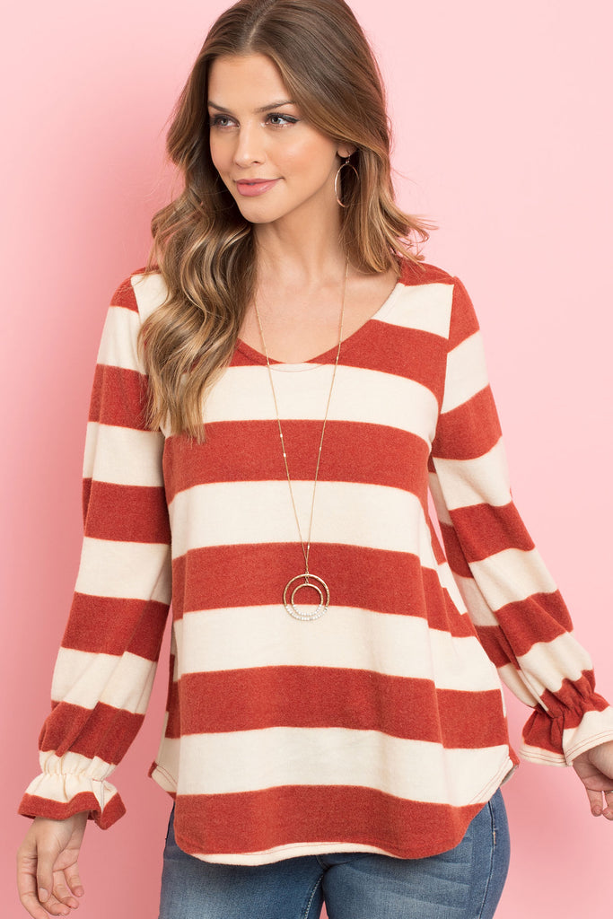 Stripes Ruffle Sleeved Round Hem Hacci Top