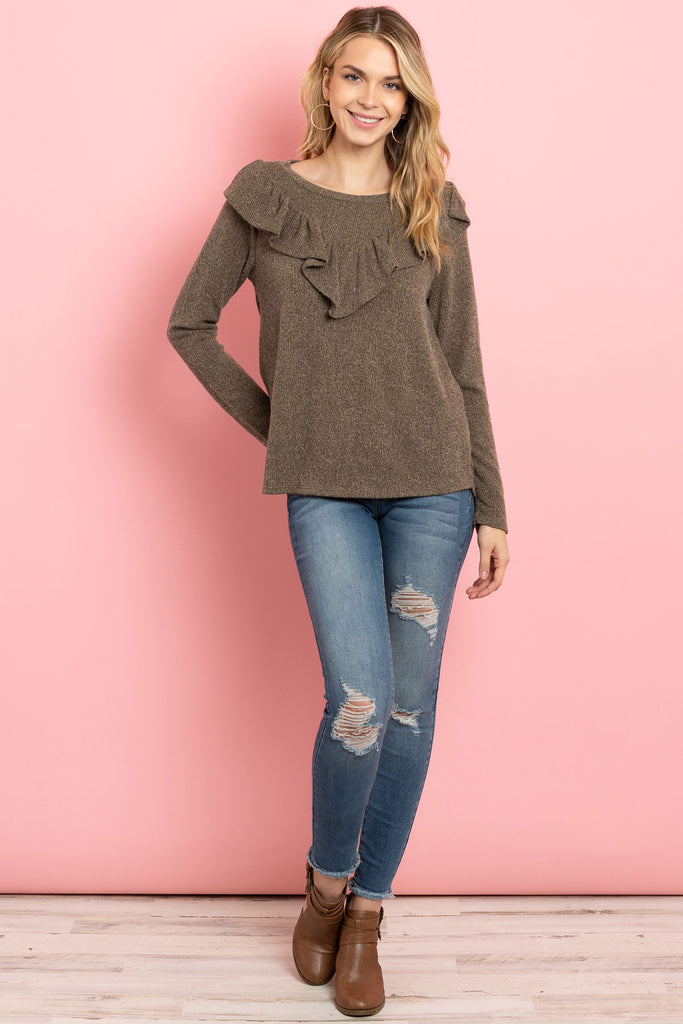V-Shaped Ruffle Detail Long Sleeve Top