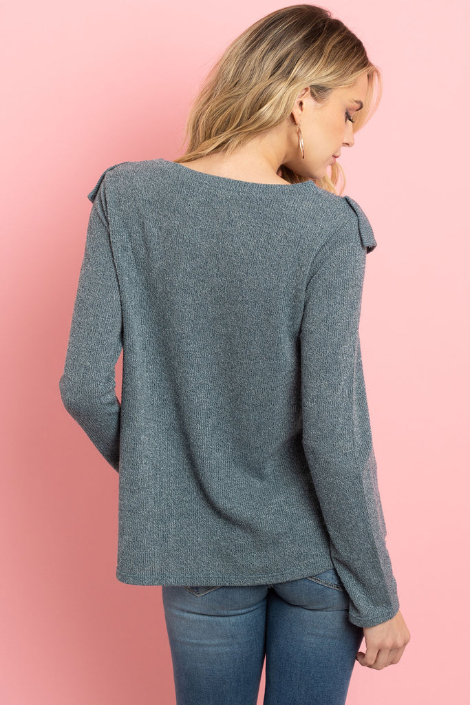 V-Shaped Ruffle Detail Long Sleeve Top