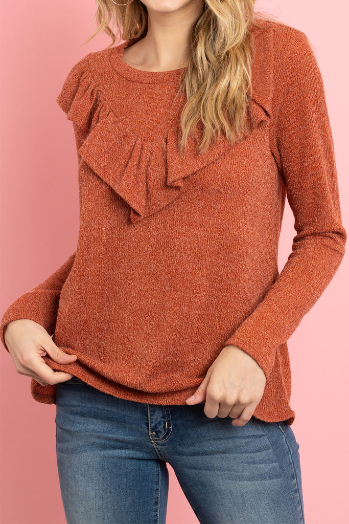 V-Shaped Ruffle Detail Long Sleeve Top