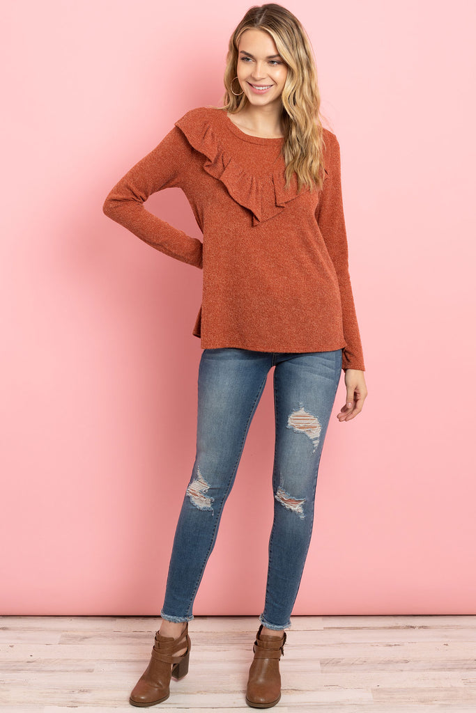 V-Shaped Ruffle Detail Long Sleeve Top