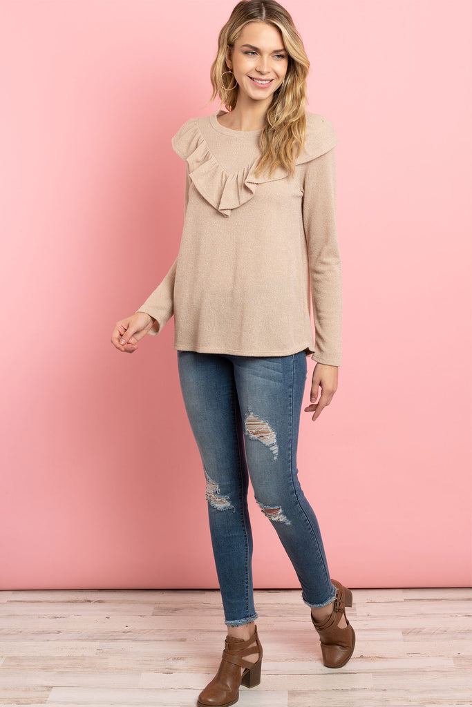 V-Shaped Ruffle Detail Long Sleeve Top