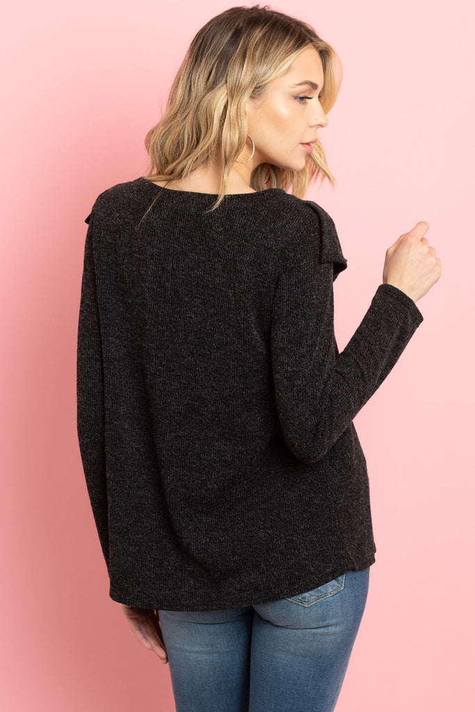 V-Shaped Ruffle Detail Long Sleeve Top