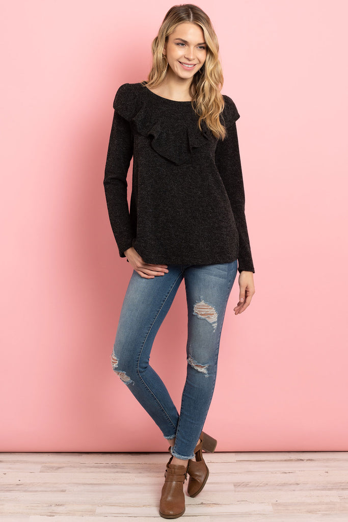 V-Shaped Ruffle Detail Long Sleeve Top