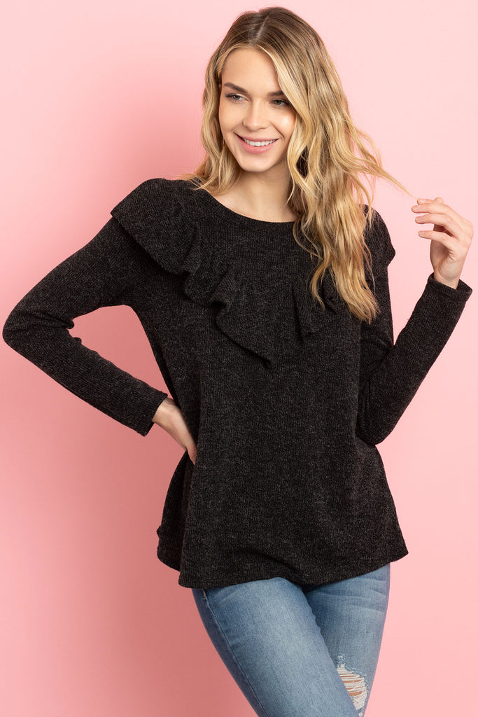 V-Shaped Ruffle Detail Long Sleeve Top