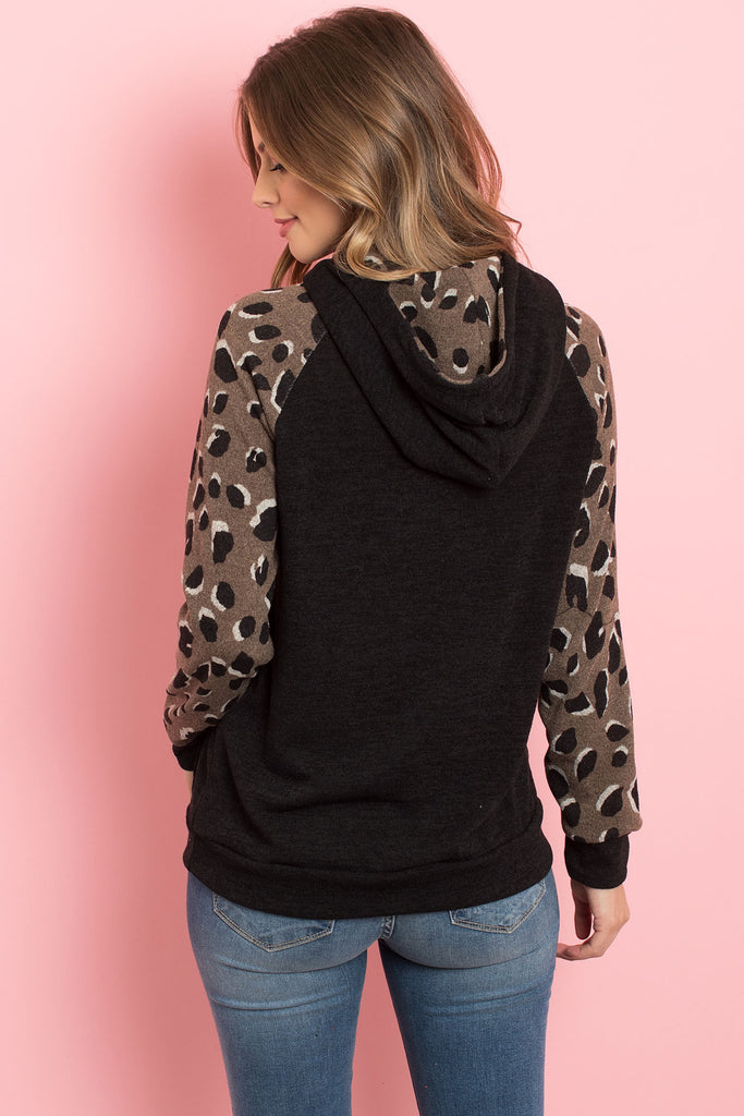 Self Tie Leopard Contrast Kangaroo Pocket Hoodie