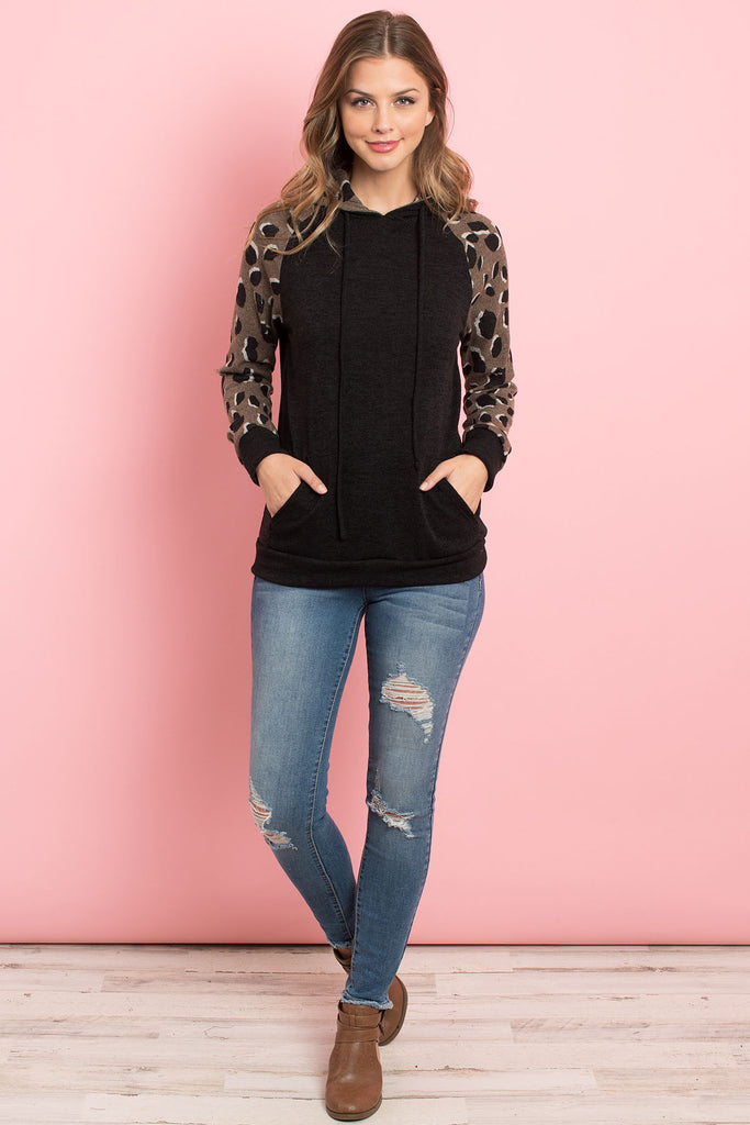 Self Tie Leopard Contrast Kangaroo Pocket Hoodie