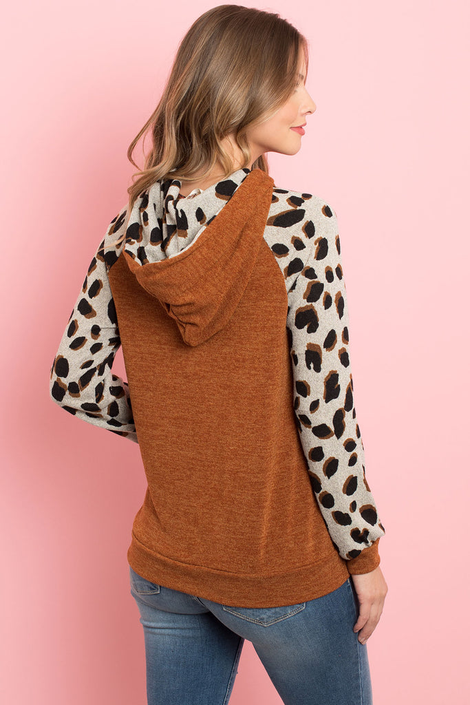 Self Tie Leopard Contrast Kangaroo Pocket Hoodie