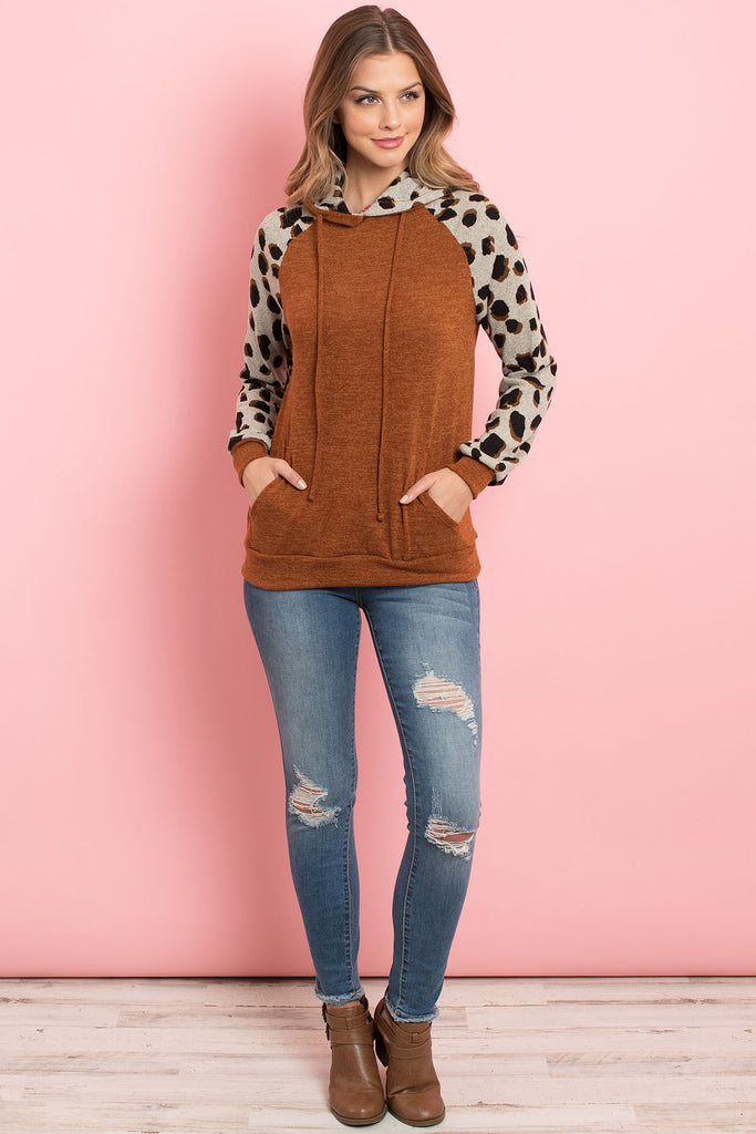 Self Tie Leopard Contrast Kangaroo Pocket Hoodie
