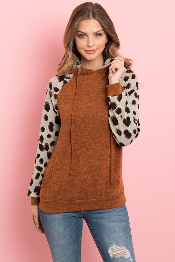Self Tie Leopard Contrast Kangaroo Pocket Hoodie