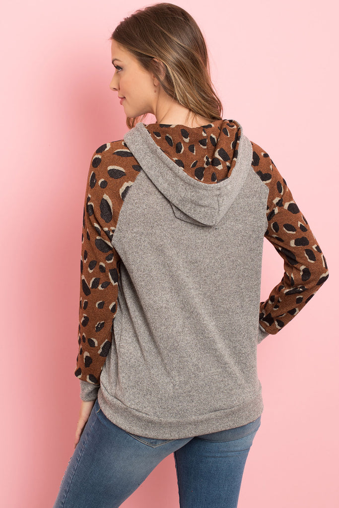 Self Tie Leopard Contrast Kangaroo Pocket Hoodie