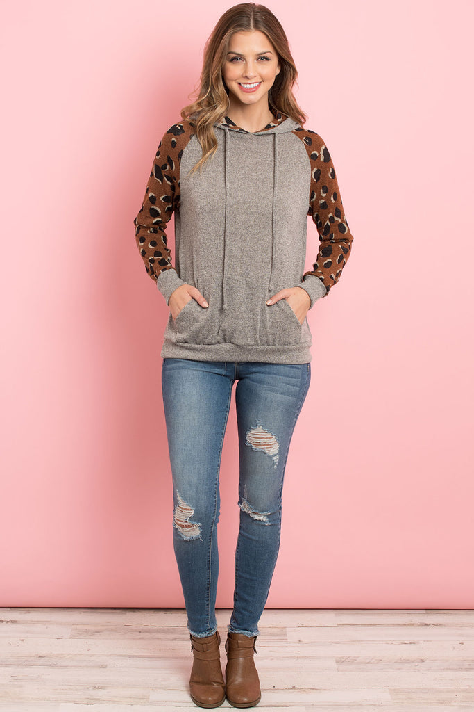 Self Tie Leopard Contrast Kangaroo Pocket Hoodie