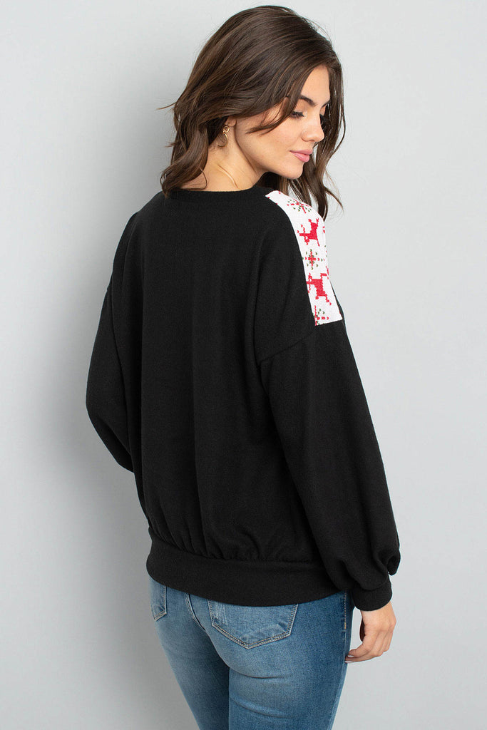 Puff Sleeved Knit Contrast Brushed Hacci Sweater