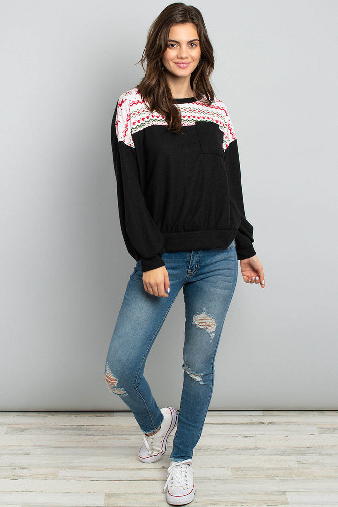 Puff Sleeved Knit Contrast Brushed Hacci Sweater