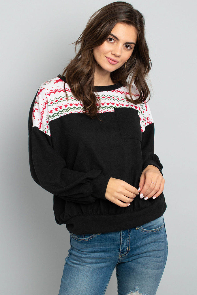 Puff Sleeved Knit Contrast Brushed Hacci Sweater
