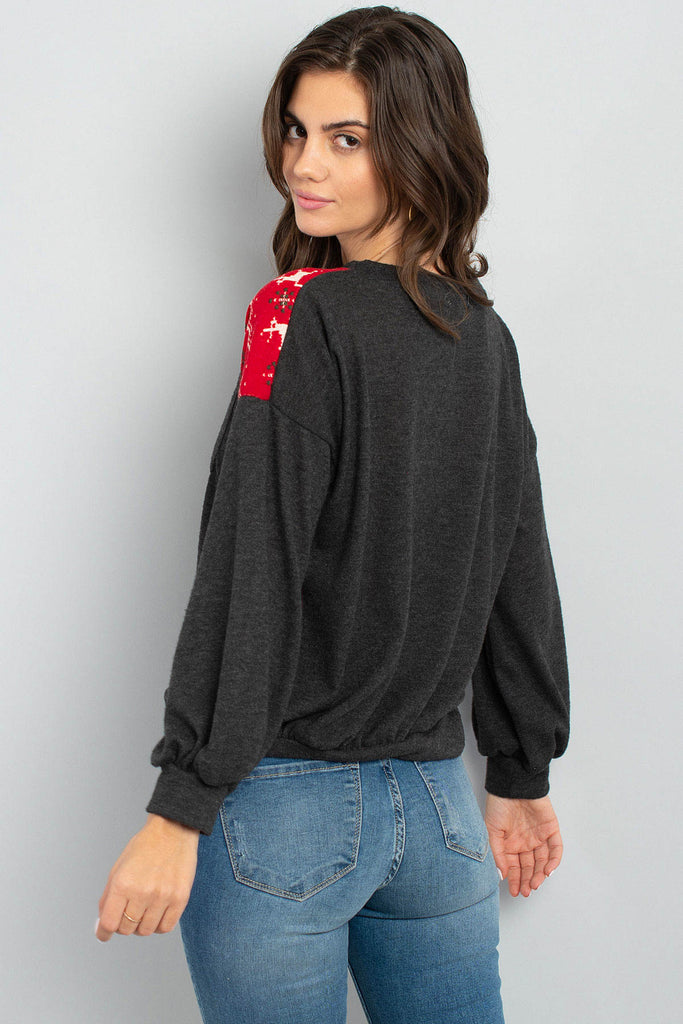 Puff Sleeved Knit Contrast Brushed Hacci Sweater