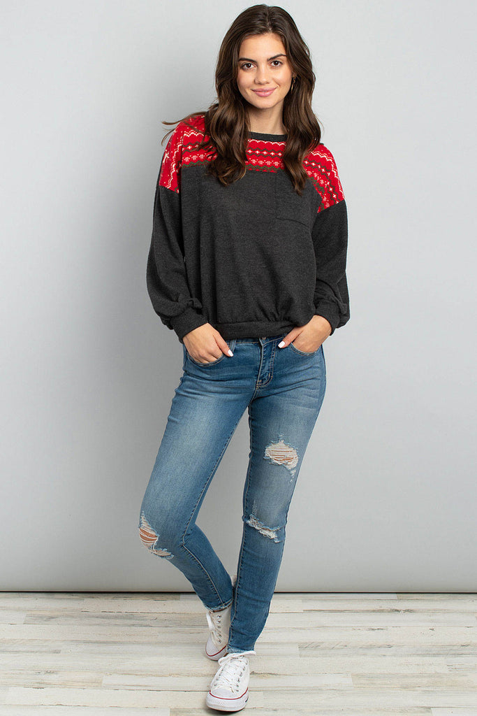 Puff Sleeved Knit Contrast Brushed Hacci Sweater