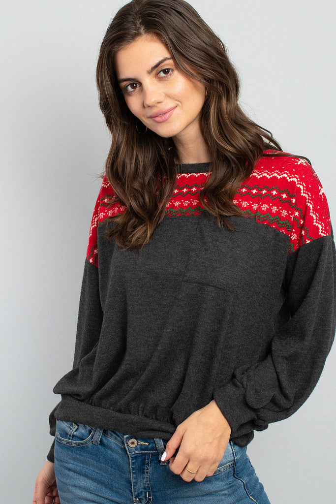 Puff Sleeved Knit Contrast Brushed Hacci Sweater