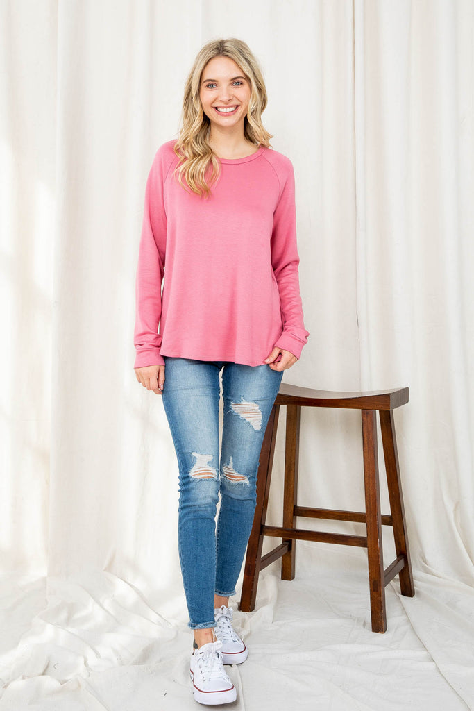Solid French Terry Brushed Back Round Neck Long Sleeved Top