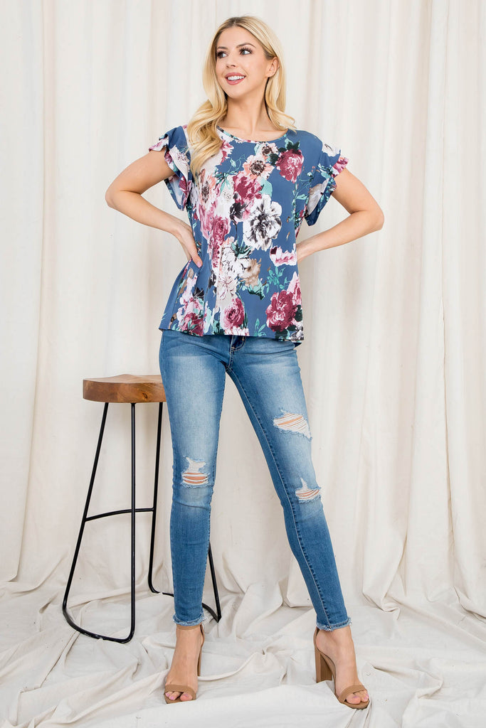 Ruffle Sleeve Round Neck Floral Top