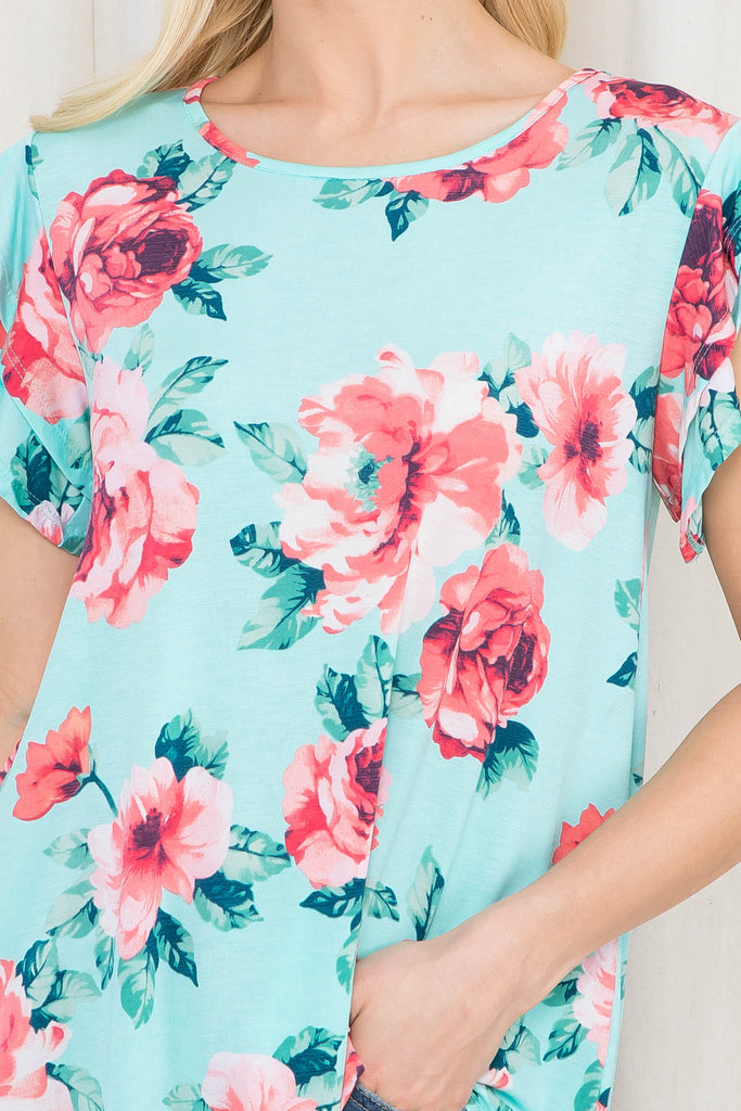 Floral Ruffle Sleeve Round Neck Top