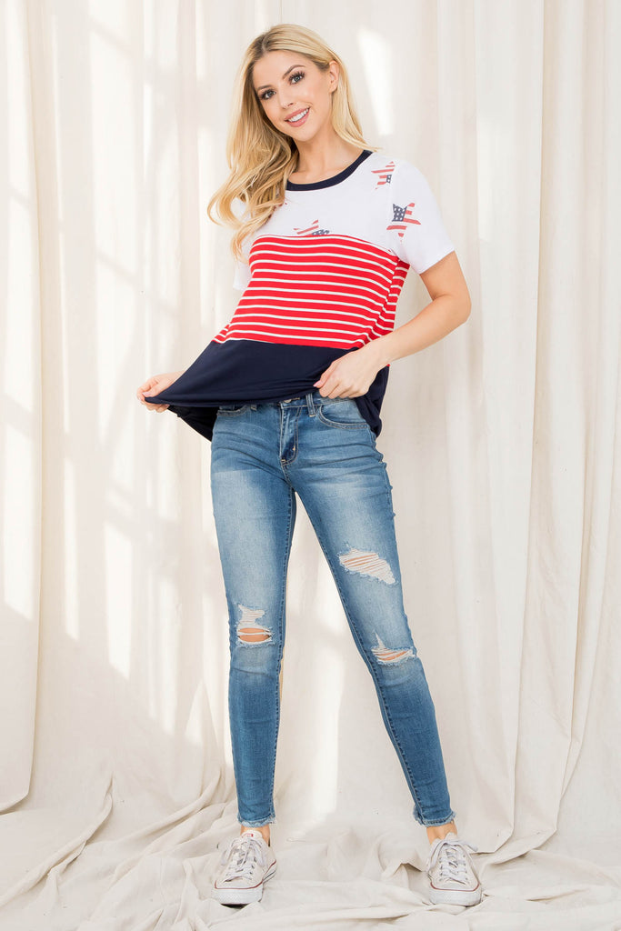 USA Star Print Stripes Contrast Top