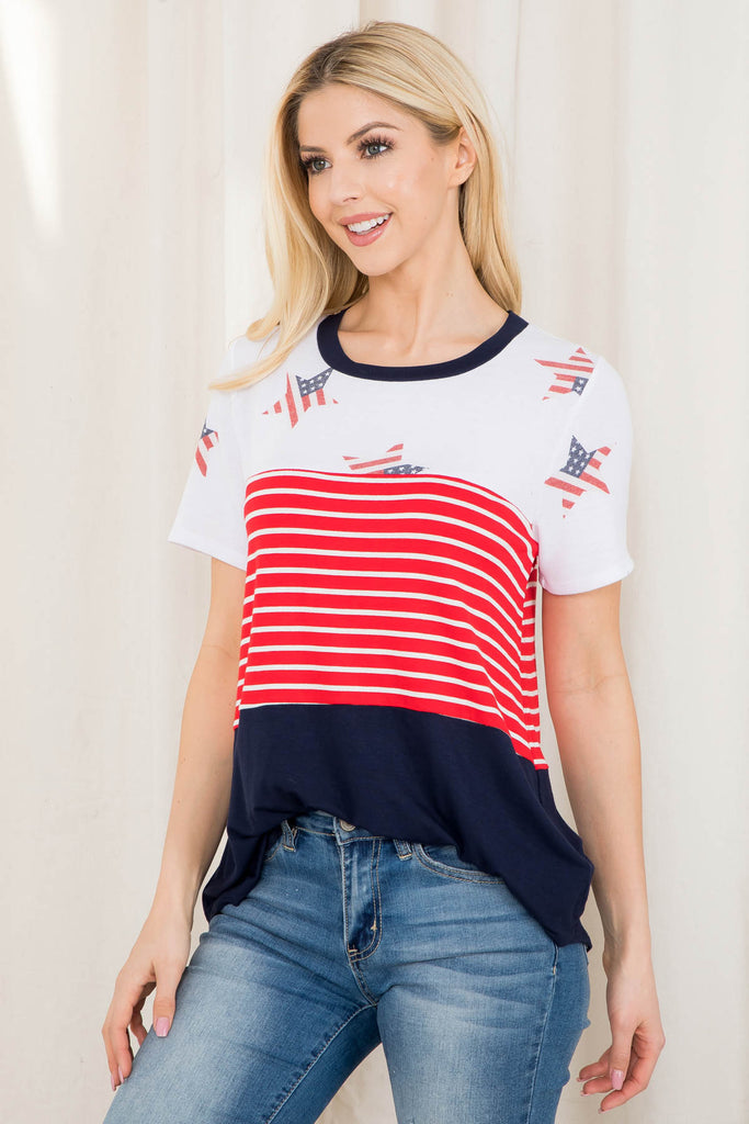 USA Star Print Stripes Contrast Top