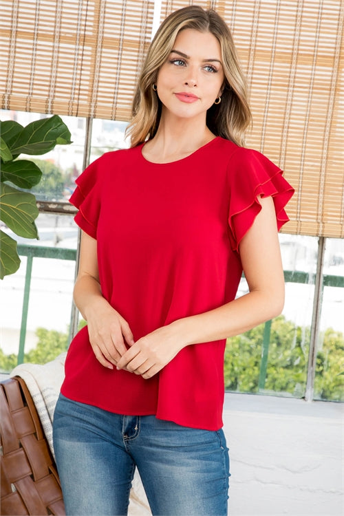 Layered Ruffle Sleeve Round Neck Woven Top 2