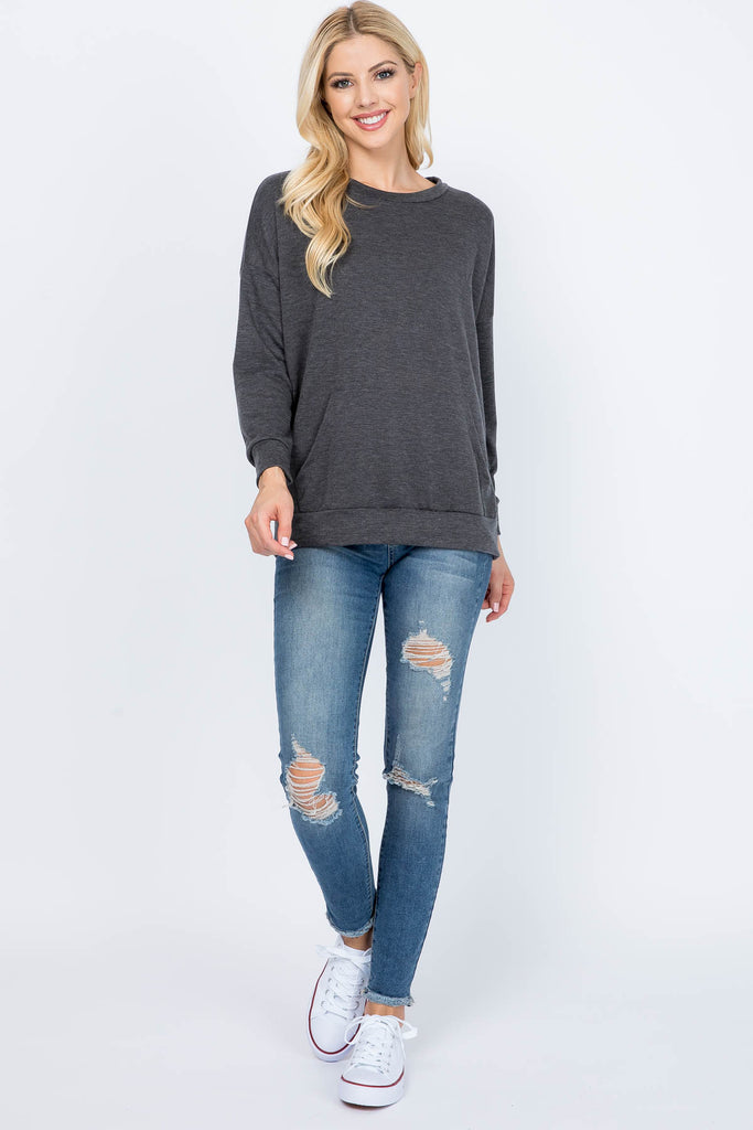 Long Sleeve French Terry Top With Kangaroo Pocket