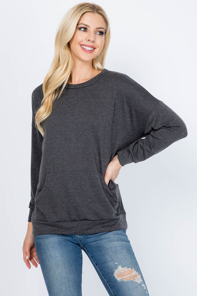 Long Sleeve French Terry Top With Kangaroo Pocket