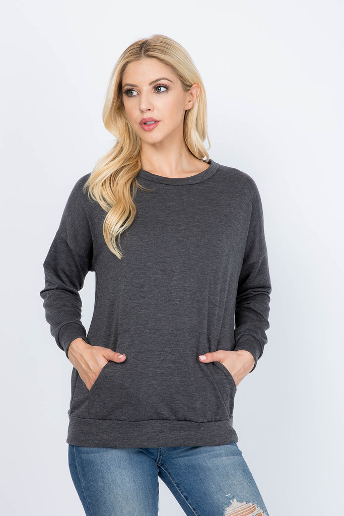 Long Sleeve French Terry Top With Kangaroo Pocket