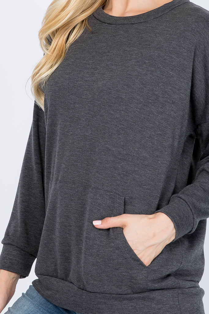 Long Sleeve French Terry Top With Kangaroo Pocket