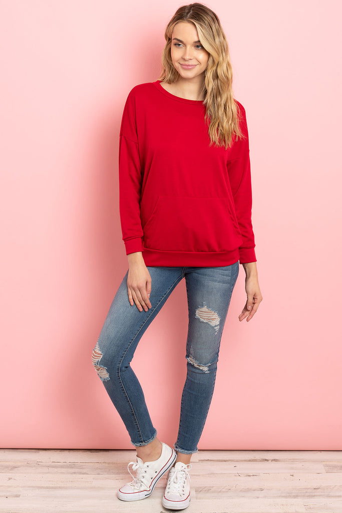 Long Sleeve French Terry Top With Kangaroo Pocket