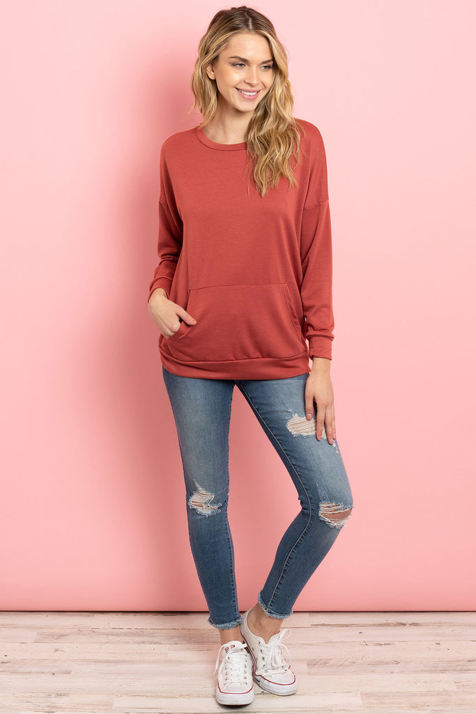 Long Sleeve French Terry Top With Kangaroo Pocket