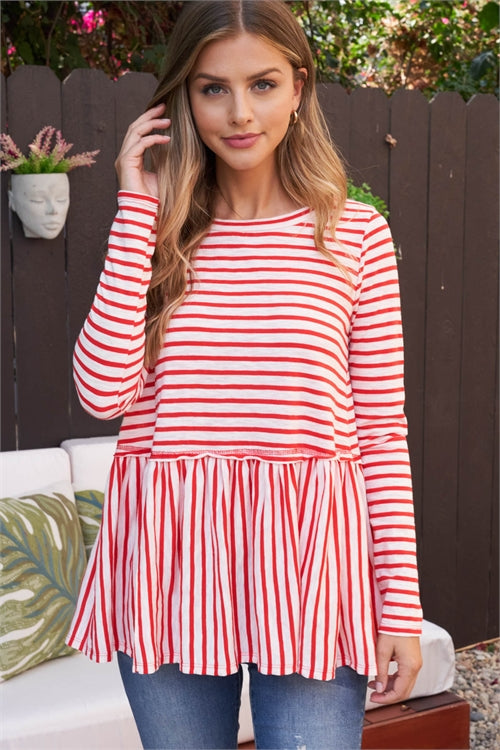 Stripes Reverse Cover Stitched Shirring Hem Top