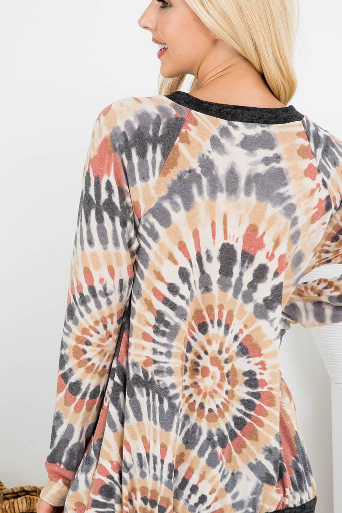V-Neck Band And Hem Contrast Tie Dye Top