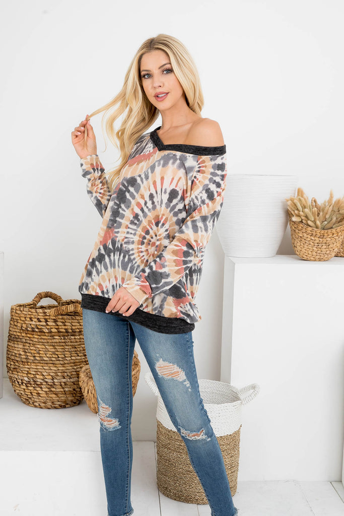 V-Neck Band And Hem Contrast Tie Dye Top