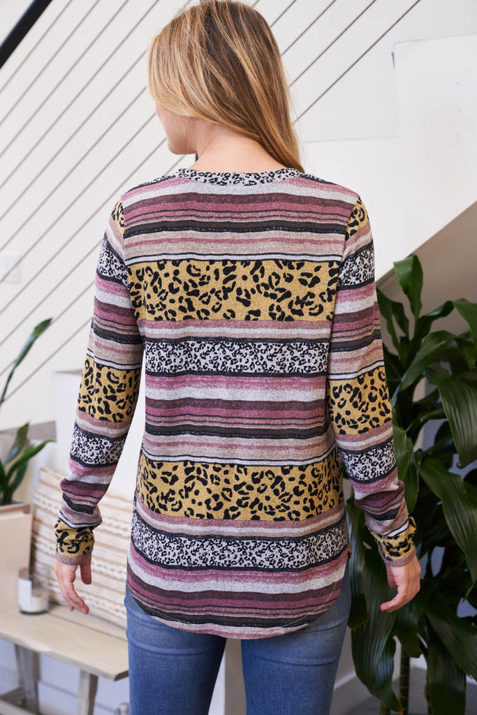 Multi-Color Stripes Leopard Contrast Pocket Top
